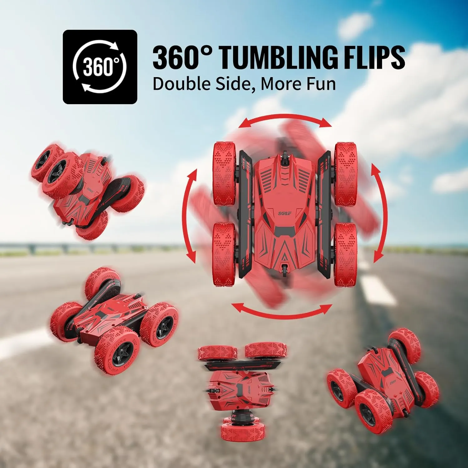 SGILE RC Stunt Car Toy Gift, 4WD Remote Control Car with 2 Sided 360 Rotating Rc Car for Kids Girls Boys Age 4 6 7 8 12, Red