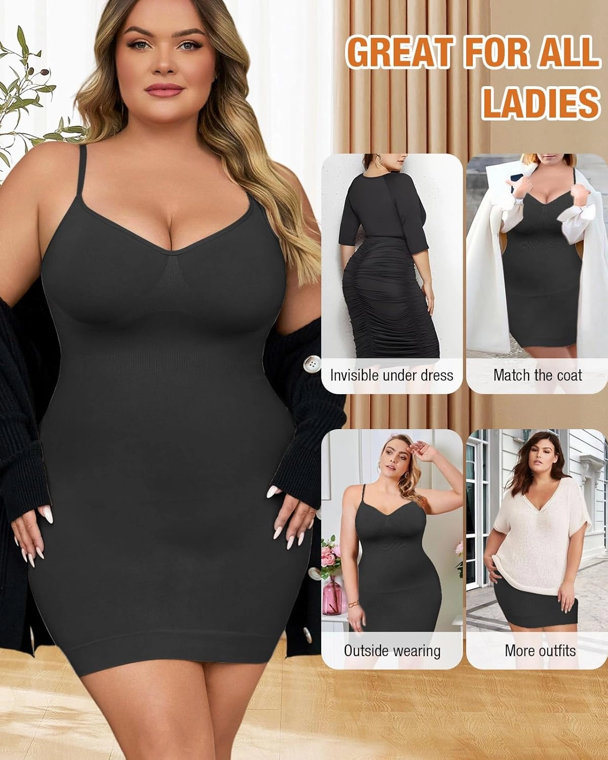 Shapewear Slip Dress for Women Under Dress Seamless Tummy Control Slip Dress Plus Size Smoothing Cami Dress Slips