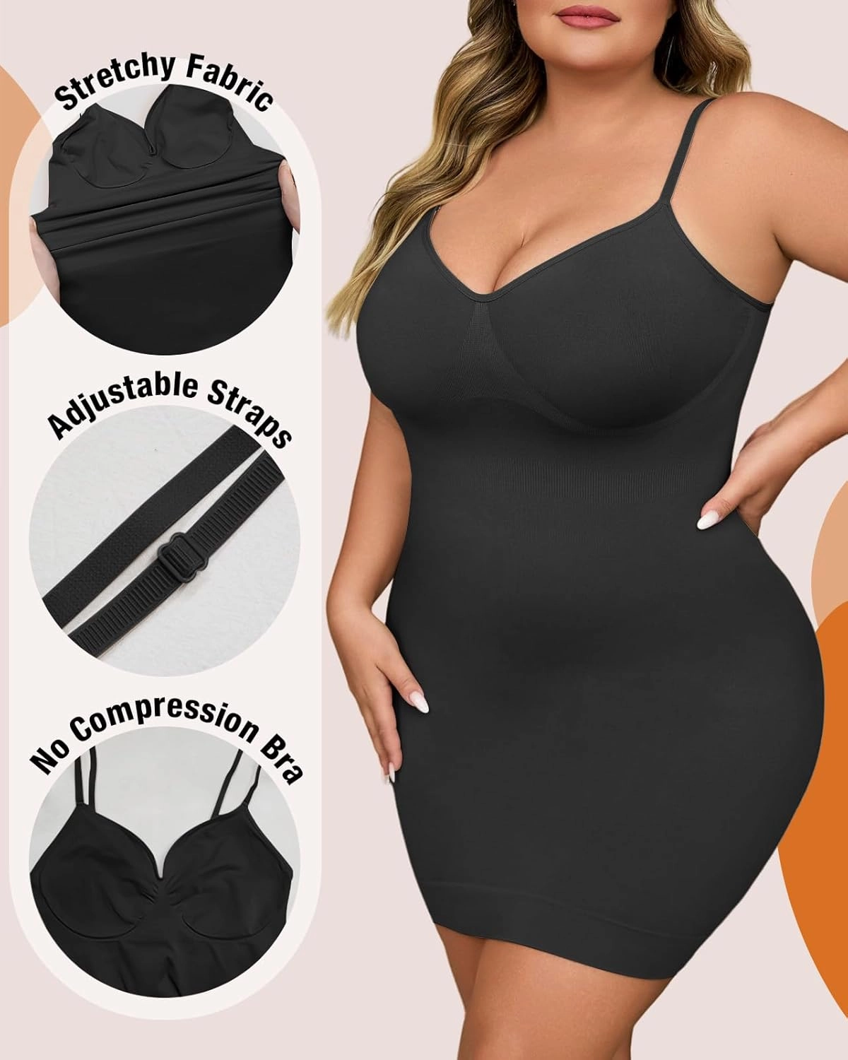 Shapewear Slip Dress for Women Under Dress Seamless Tummy Control Slip Dress Plus Size Smoothing Cami Dress Slips