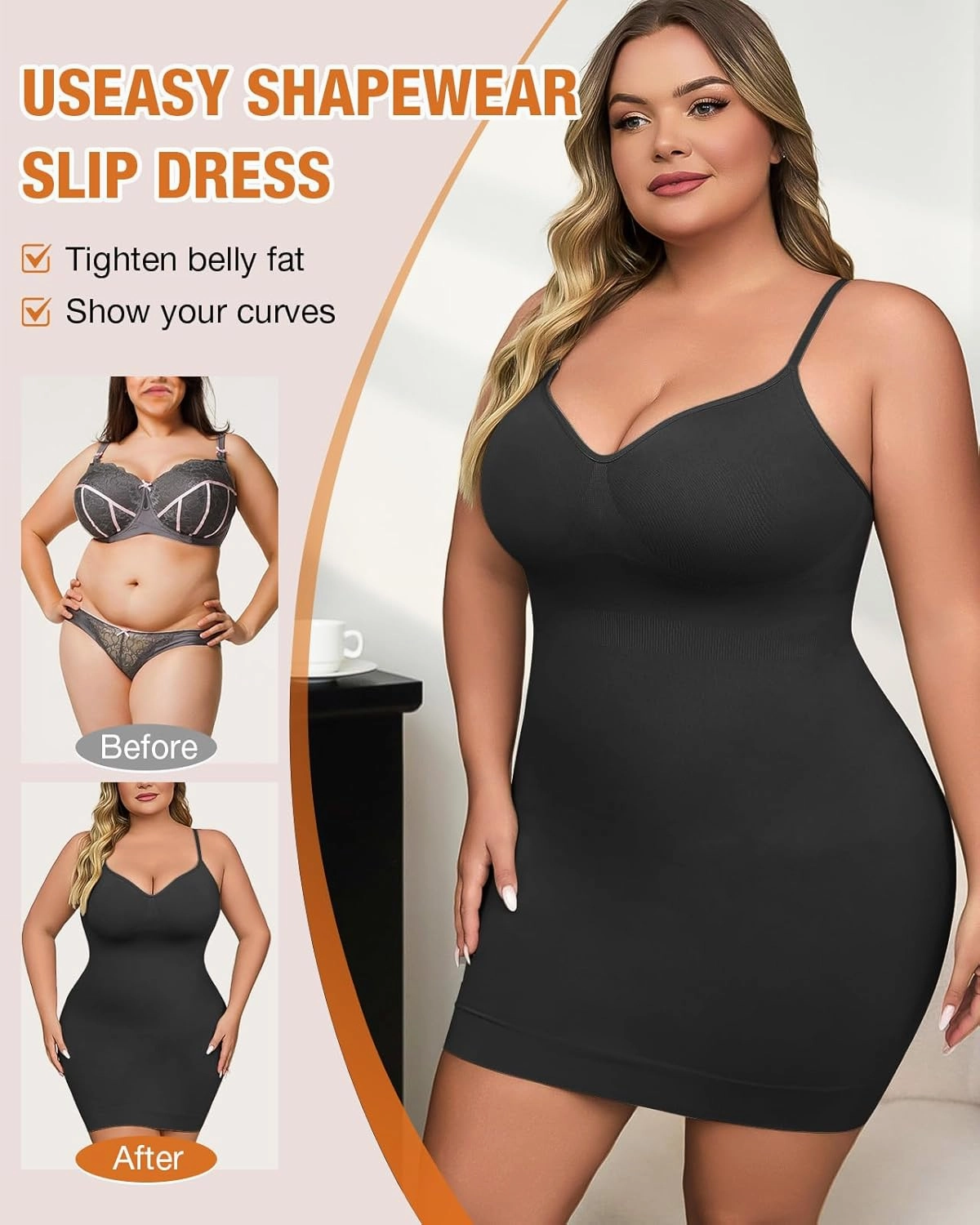 Shapewear Slip Dress for Women Under Dress Seamless Tummy Control Slip Dress Plus Size Smoothing Cami Dress Slips