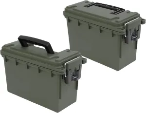 Sheffield 12791 2-Pack Ammo Storage Box, Stackable .30 Cal Field Boxes, Water and Dust Resistant, Lockable Storage Box with Handle, Secures Hunting Gear, Supplies, and Bullets, Made in the USA, Green