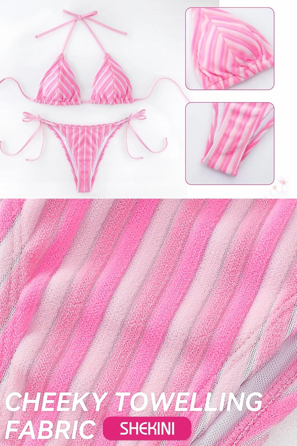 SHEKINI Towelling Fabric Triangle Bikini Sets for Women Cheeky Low Waist Two Piece Swimsuit Halter Women Bathing Suit