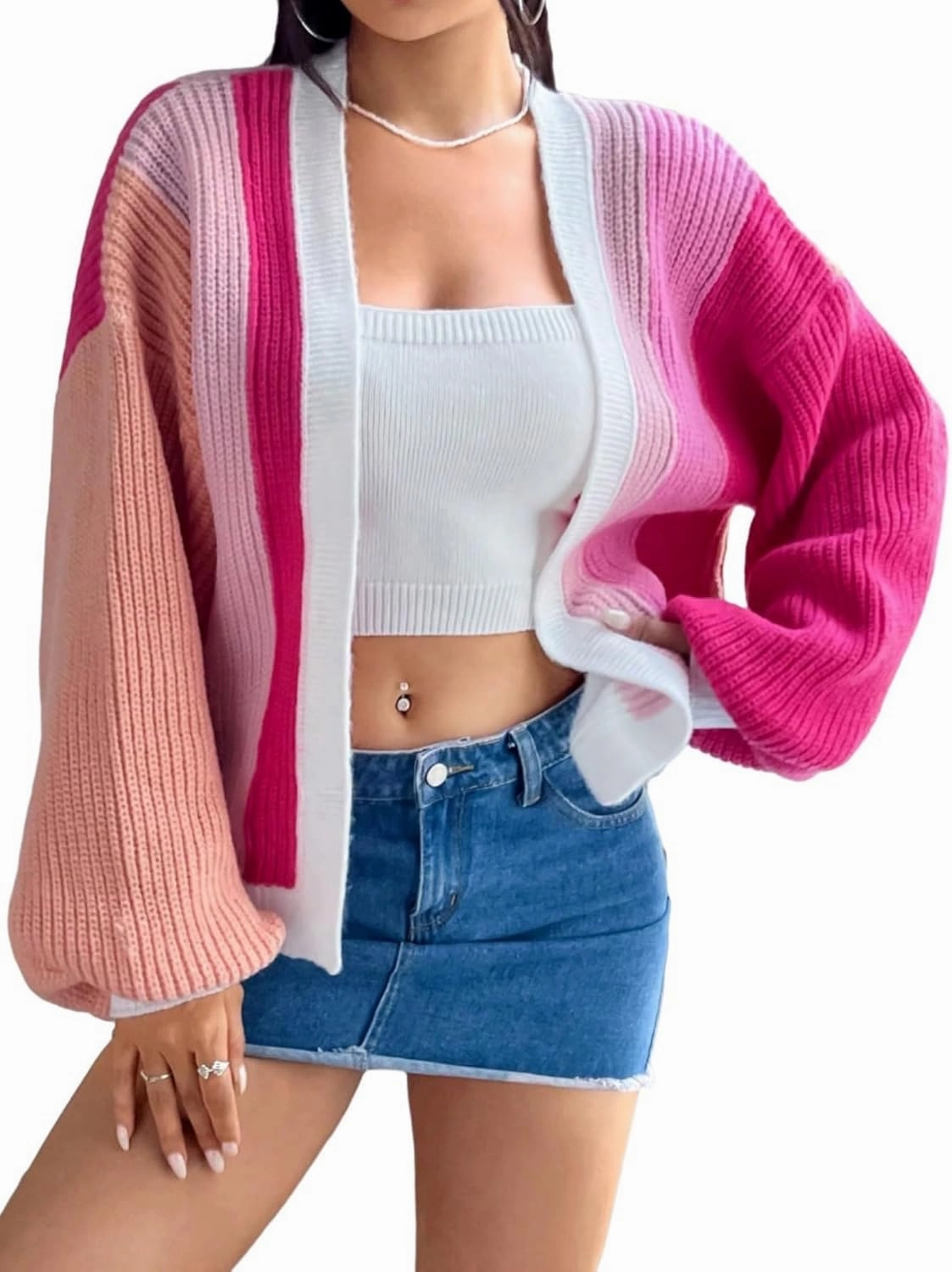 SHENHE Women's Color Block Open Front Long Sleeve Ribbed Knit Cropped Cardigan Sweaters