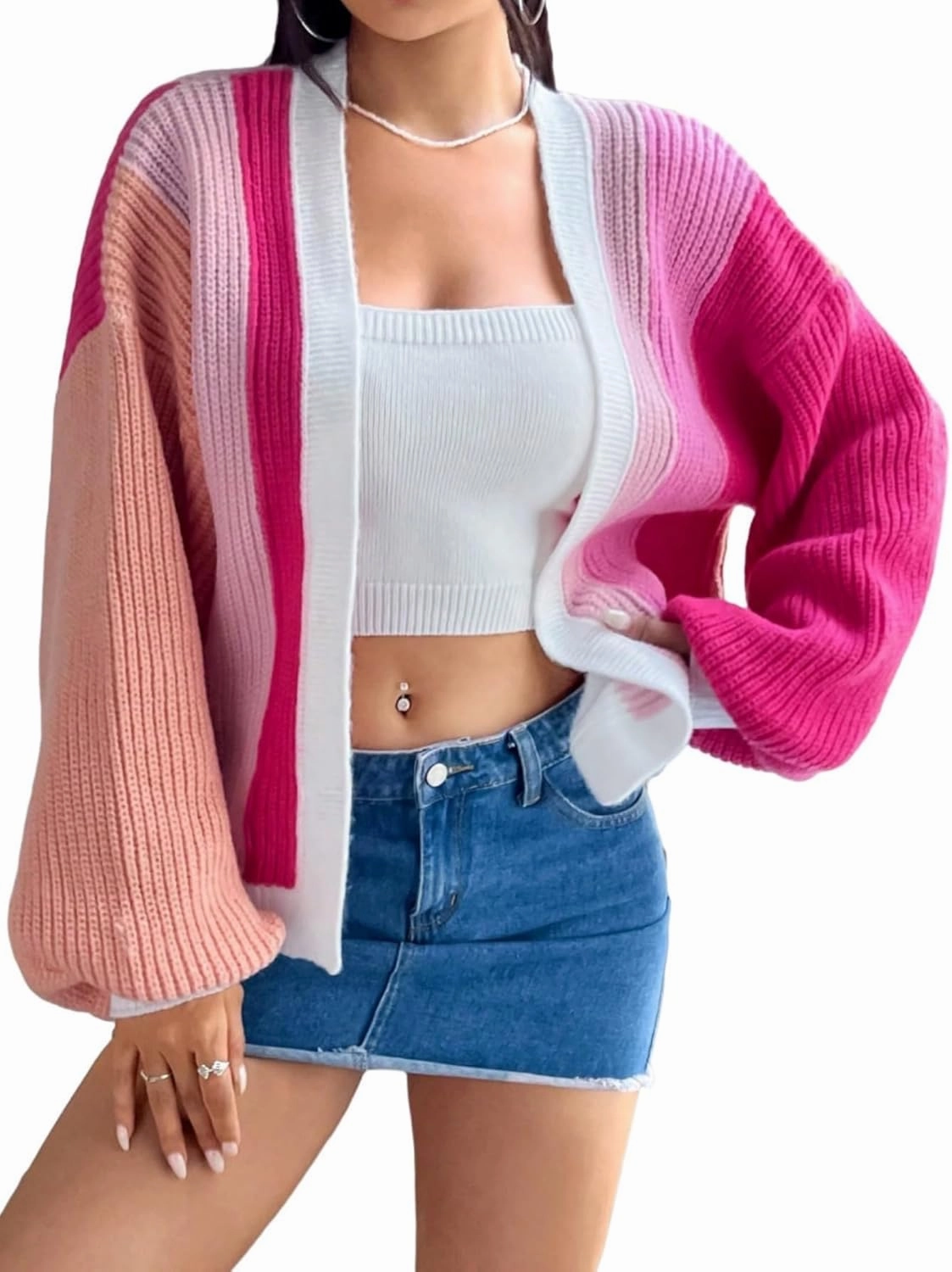 SHENHE Women's Color Block Open Front Long Sleeve Ribbed Knit Cropped Cardigan Sweaters