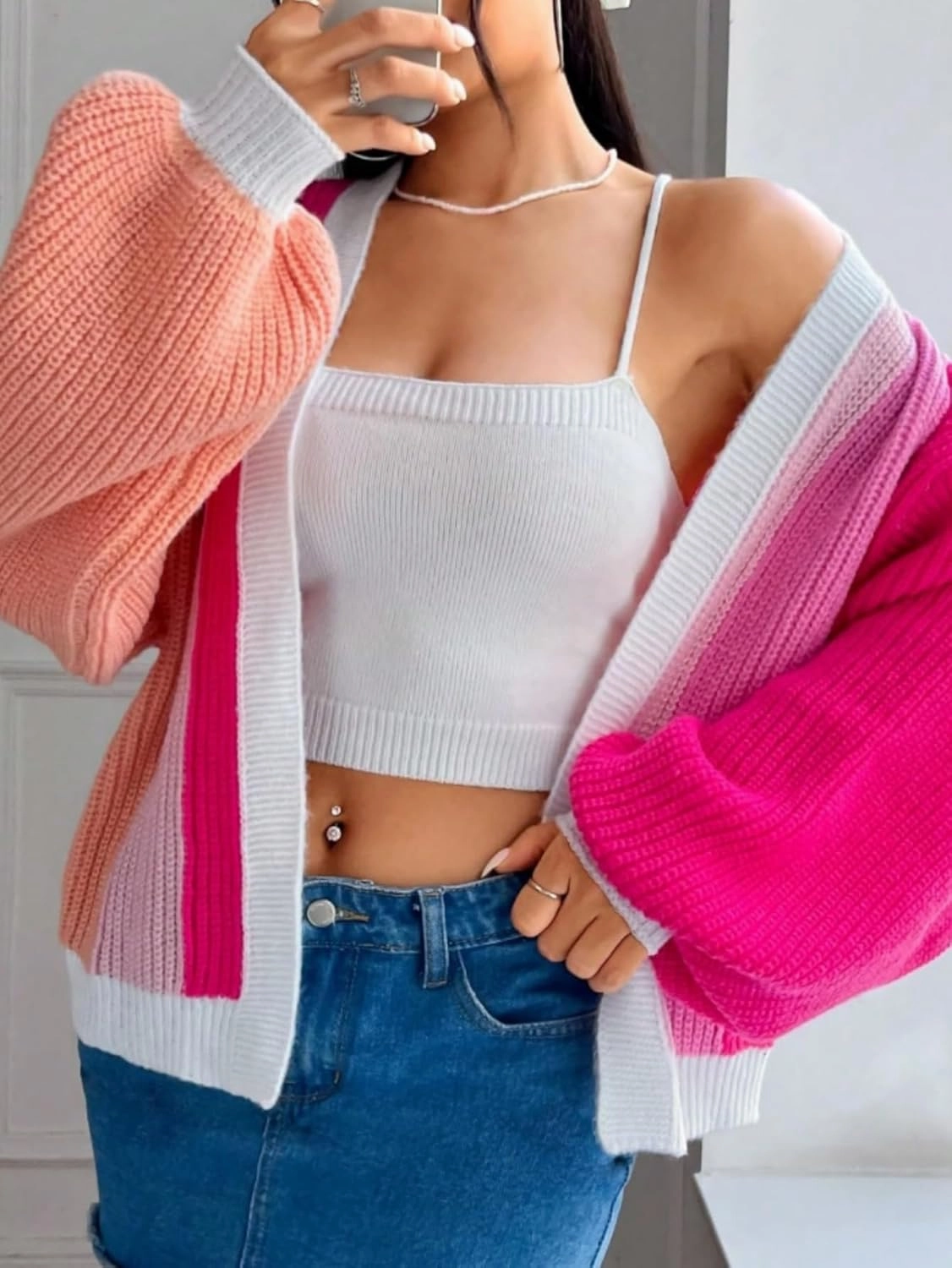 SHENHE Women's Color Block Open Front Long Sleeve Ribbed Knit Cropped Cardigan Sweaters