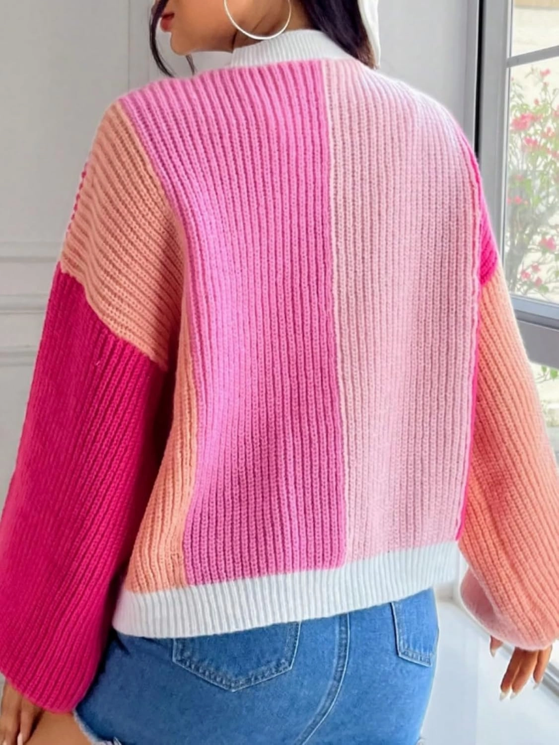 SHENHE Women's Color Block Open Front Long Sleeve Ribbed Knit Cropped Cardigan Sweaters