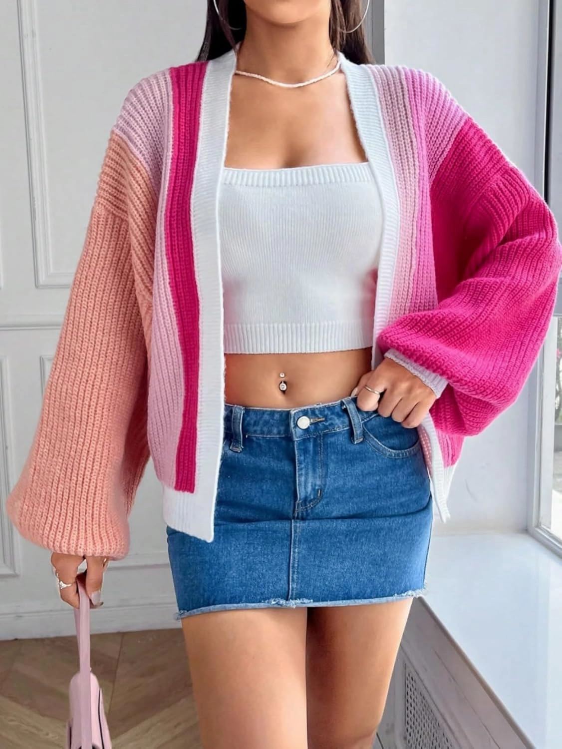 SHENHE Women's Color Block Open Front Long Sleeve Ribbed Knit Cropped Cardigan Sweaters