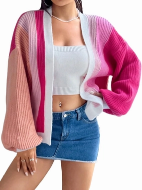 SHENHE Women's Color Block Open Front Long Sleeve Ribbed Knit Cropped Cardigan Sweaters