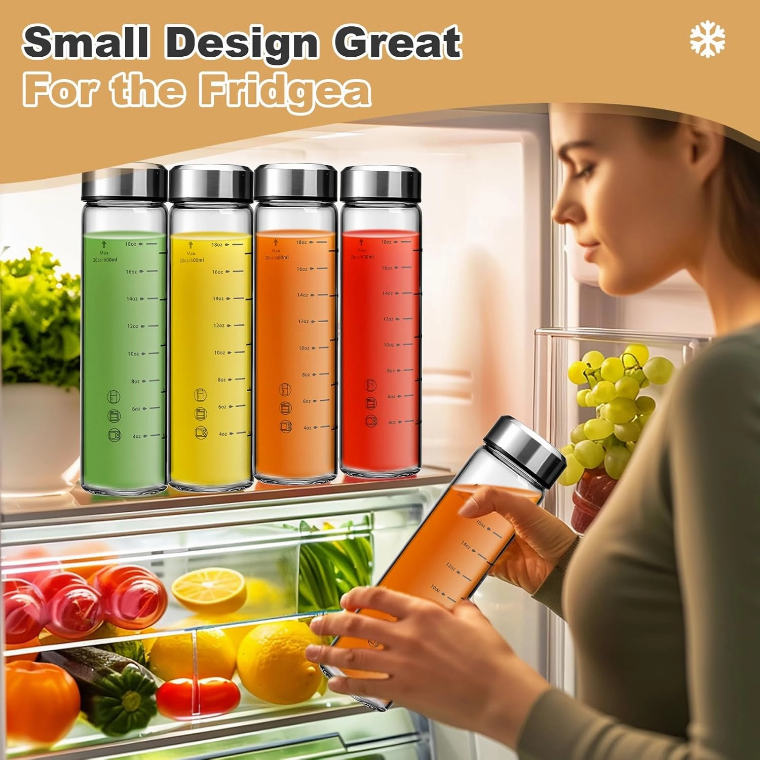 SIEROZUR Glass Juice Bottles 20oz- 4 Pack Wide Mouth Glass Bottles with Lids for Juicing Smoothies, Infused Water, Beverage Storage - BPA Free, Leakproof, Reusable, Borosilicate