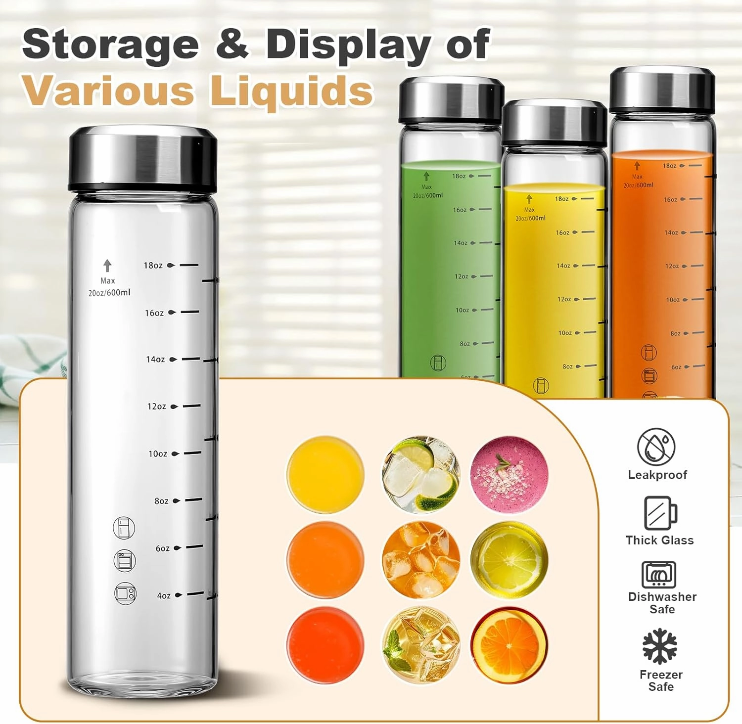 SIEROZUR Glass Juice Bottles 20oz- 4 Pack Wide Mouth Glass Bottles with Lids for Juicing Smoothies, Infused Water, Beverage Storage - BPA Free, Leakproof, Reusable, Borosilicate