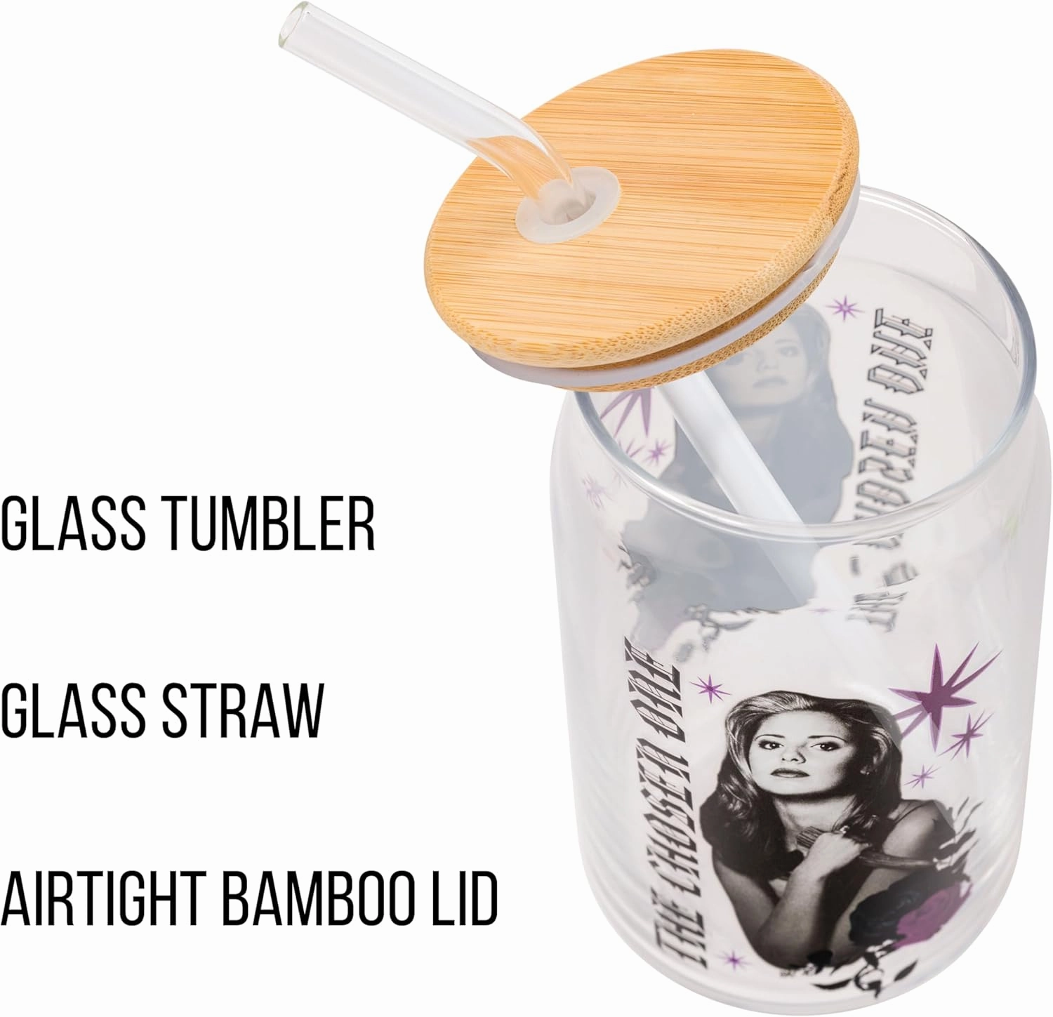 Silver Buffalo Buffy the Vampire Slayer The Chosen One Glass Jar Tumbler with Bamboo Lid and Glass Straw, 16 Ounces