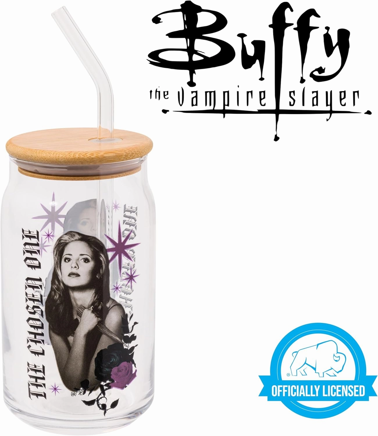 Silver Buffalo Buffy the Vampire Slayer The Chosen One Glass Jar Tumbler with Bamboo Lid and Glass Straw, 16 Ounces