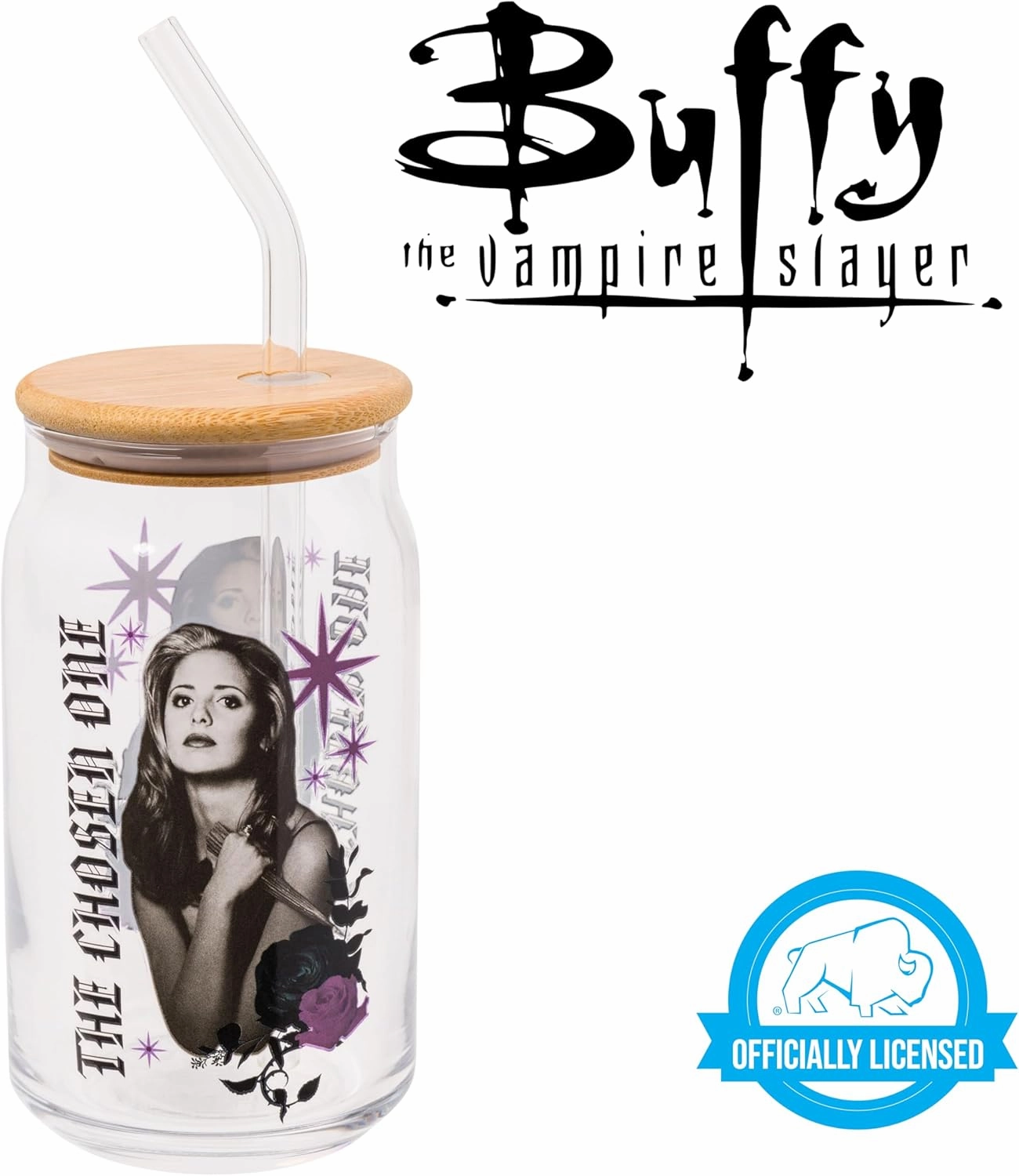 Silver Buffalo Buffy the Vampire Slayer The Chosen One Glass Jar Tumbler with Bamboo Lid and Glass Straw, 16 Ounces