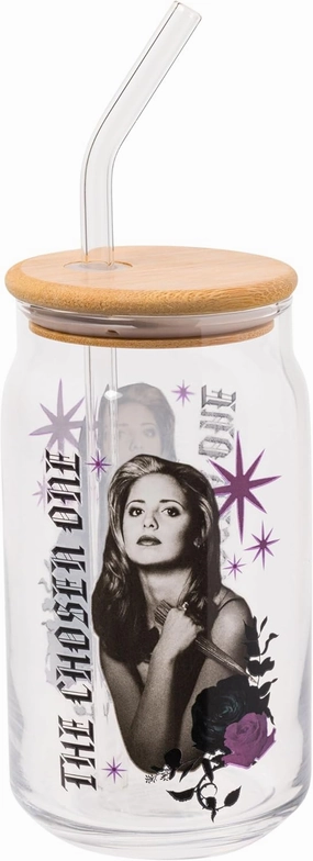 Silver Buffalo Buffy the Vampire Slayer The Chosen One Glass Jar Tumbler with Bamboo Lid and Glass Straw, 16 Ounces