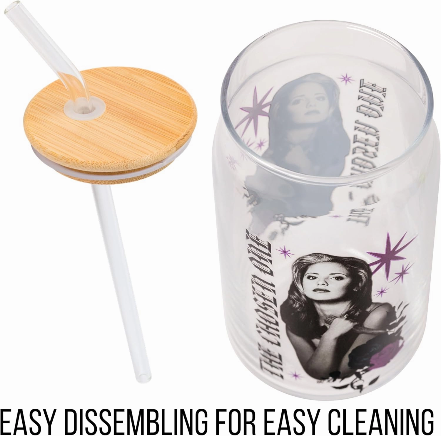 Silver Buffalo Buffy the Vampire Slayer The Chosen One Glass Jar Tumbler with Bamboo Lid and Glass Straw, 16 Ounces