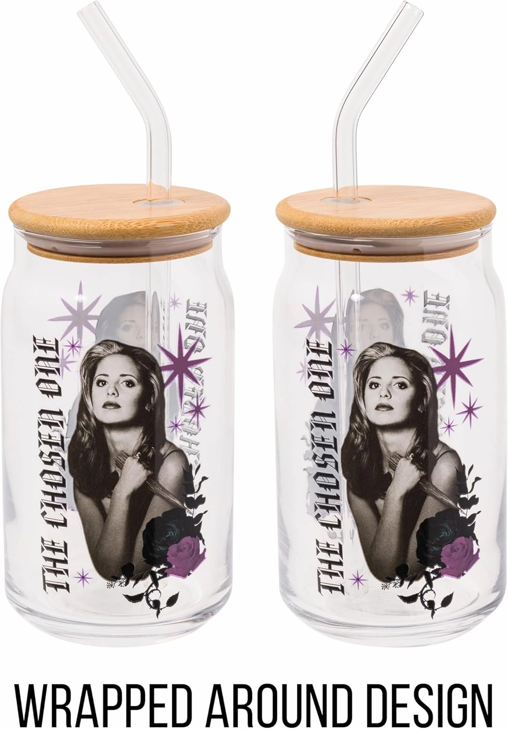 Silver Buffalo Buffy the Vampire Slayer The Chosen One Glass Jar Tumbler with Bamboo Lid and Glass Straw, 16 Ounces