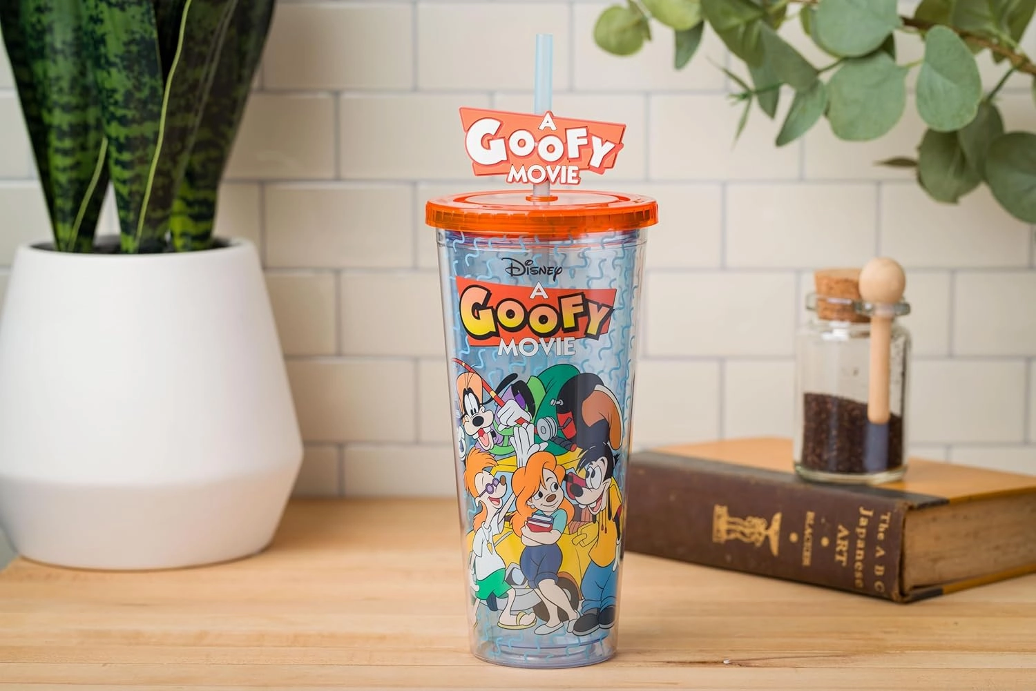Silver Buffalo Disney A Goofy Movie Featuring Goofy, Max Goof, Roxanne and Bobby Zimuruski Plastic Cold Cup with Lid and Straw Topper, 24 Ounces