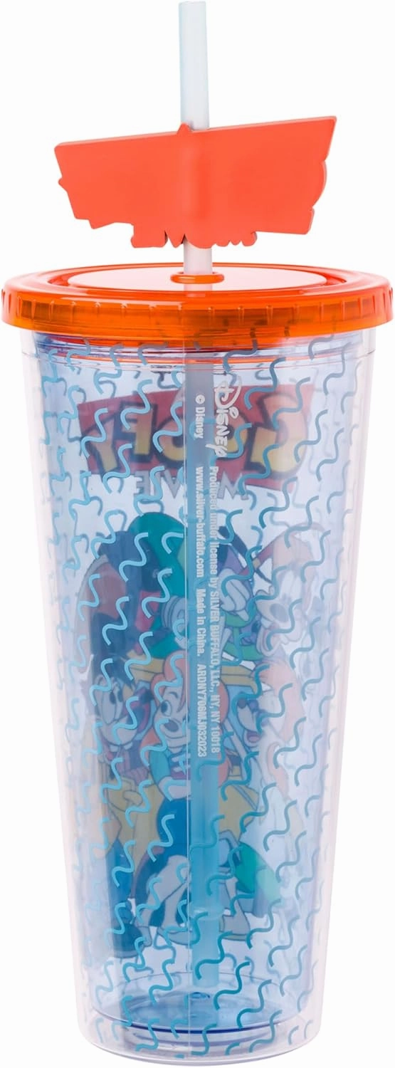 Silver Buffalo Disney A Goofy Movie Featuring Goofy, Max Goof, Roxanne and Bobby Zimuruski Plastic Cold Cup with Lid and Straw Topper, 24 Ounces