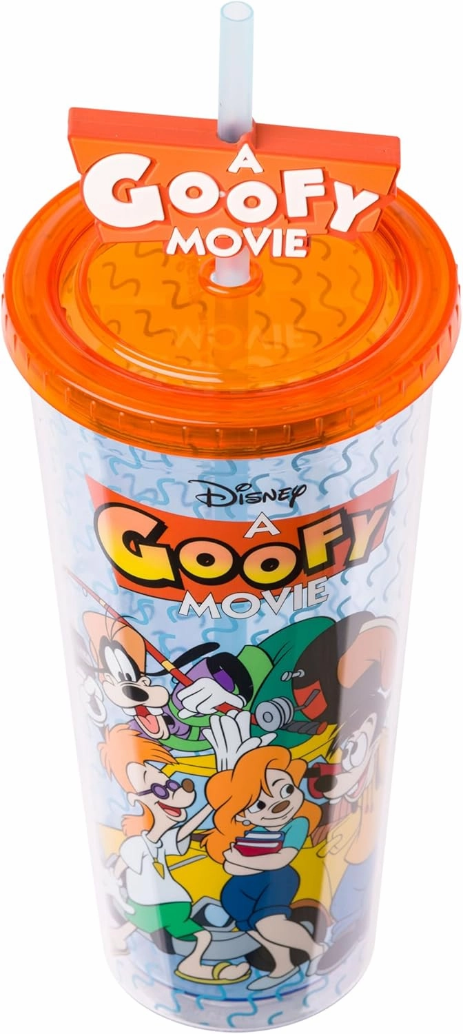 Silver Buffalo Disney A Goofy Movie Featuring Goofy, Max Goof, Roxanne and Bobby Zimuruski Plastic Cold Cup with Lid and Straw Topper, 24 Ounces