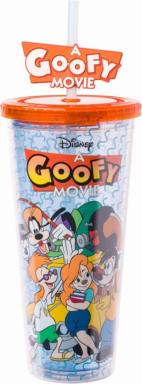 Silver Buffalo Disney A Goofy Movie Featuring Goofy, Max Goof, Roxanne and Bobby Zimuruski Plastic Cold Cup with Lid and Straw Topper, 24 Ounces