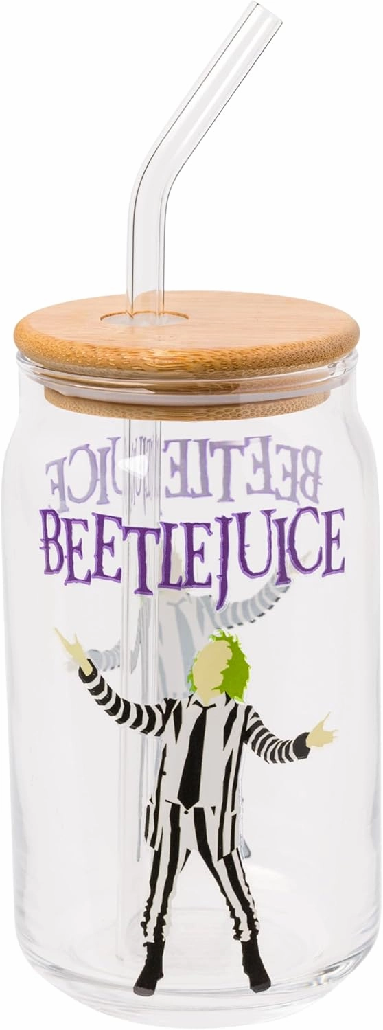 Silver Buffalo Tim Burton Beetlejuice Glass Jar Tumbler with Bamboo Lid and Glass Straw, 16 Ounces