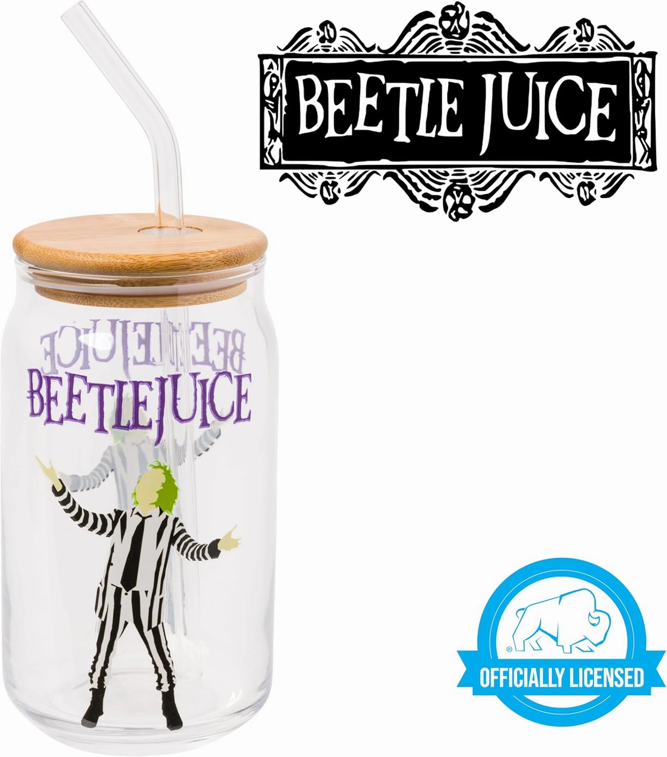 Silver Buffalo Tim Burton Beetlejuice Glass Jar Tumbler with Bamboo Lid and Glass Straw, 16 Ounces