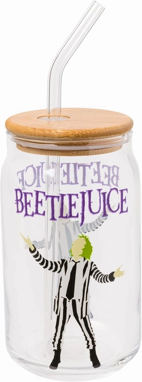 Silver Buffalo Tim Burton Beetlejuice Glass Jar Tumbler with Bamboo Lid and Glass Straw, 16 Ounces