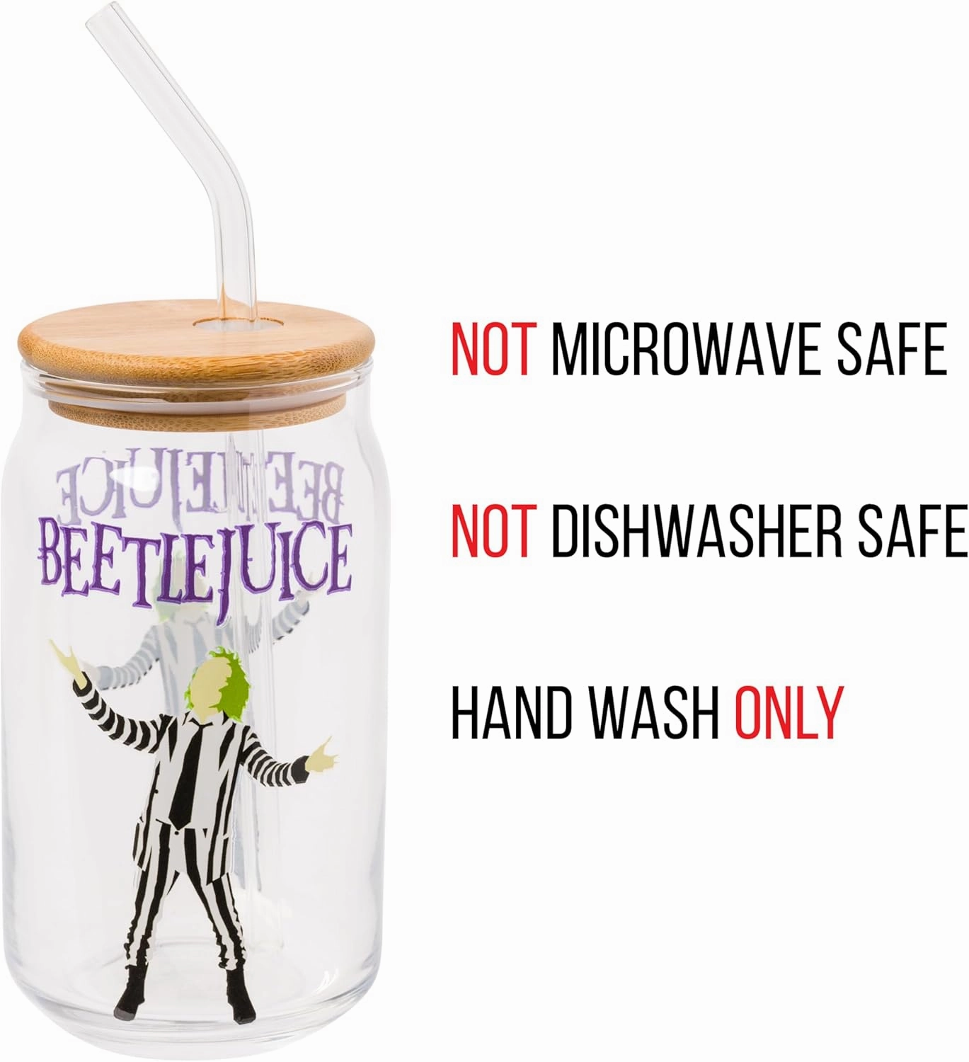 Silver Buffalo Tim Burton Beetlejuice Glass Jar Tumbler with Bamboo Lid and Glass Straw, 16 Ounces
