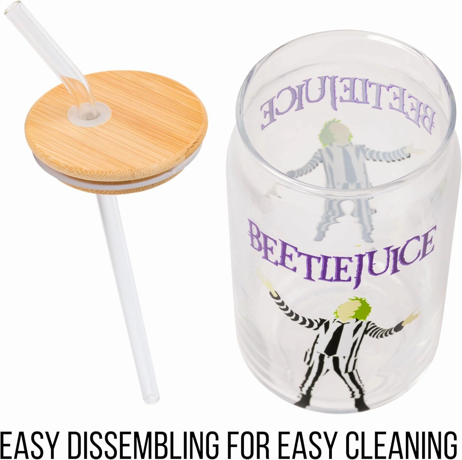 Silver Buffalo Tim Burton Beetlejuice Glass Jar Tumbler with Bamboo Lid and Glass Straw, 16 Ounces