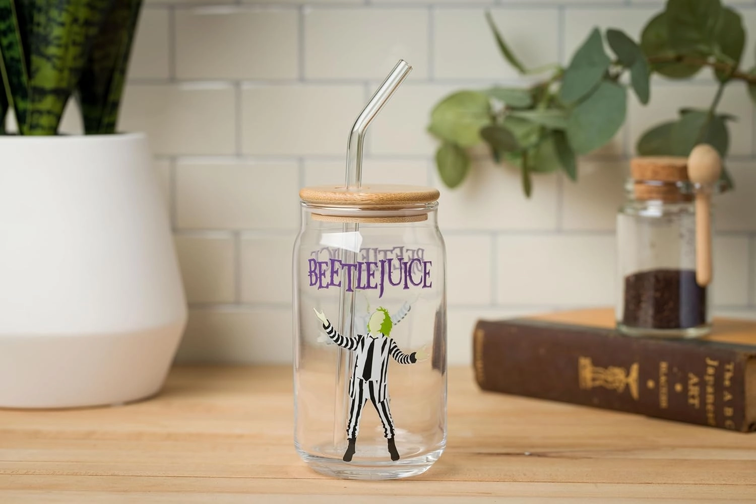 Silver Buffalo Tim Burton Beetlejuice Glass Jar Tumbler with Bamboo Lid and Glass Straw, 16 Ounces