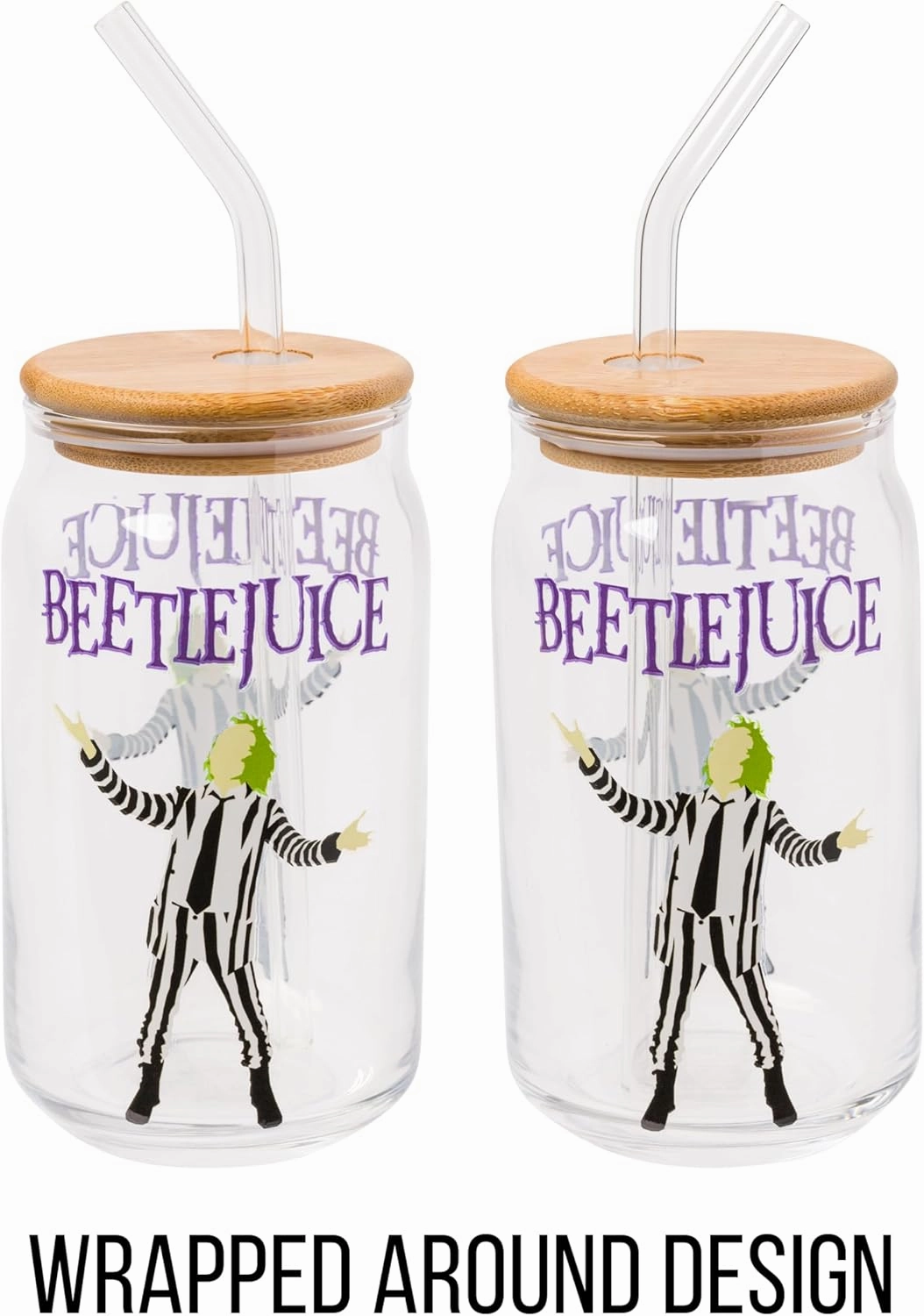Silver Buffalo Tim Burton Beetlejuice Glass Jar Tumbler with Bamboo Lid and Glass Straw, 16 Ounces