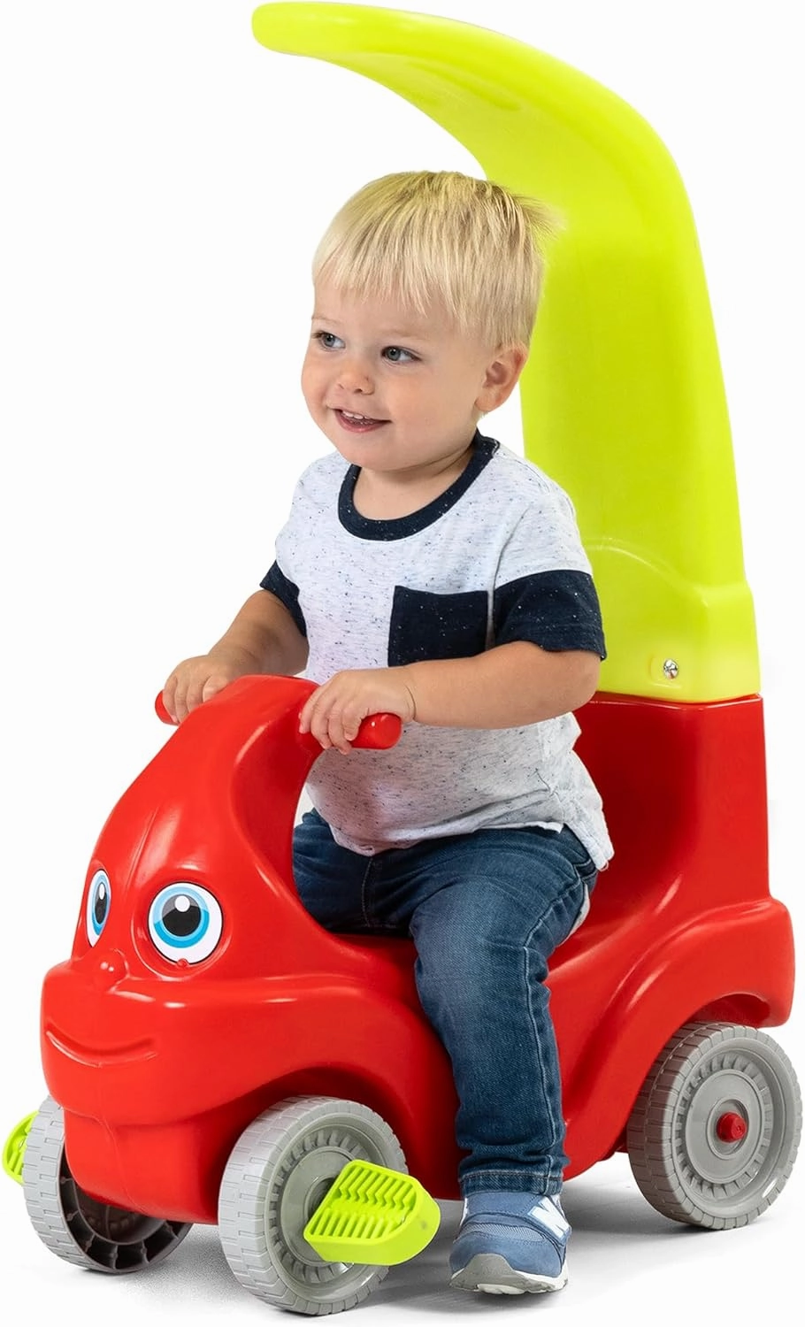 Simplay3 Convert-a-Coupe Push Along Riding Car for Toddlers and Kids Ages 2-5 Years, Red and Lime Yellow Parent Push Car Converts to Toddler Ride-On Car