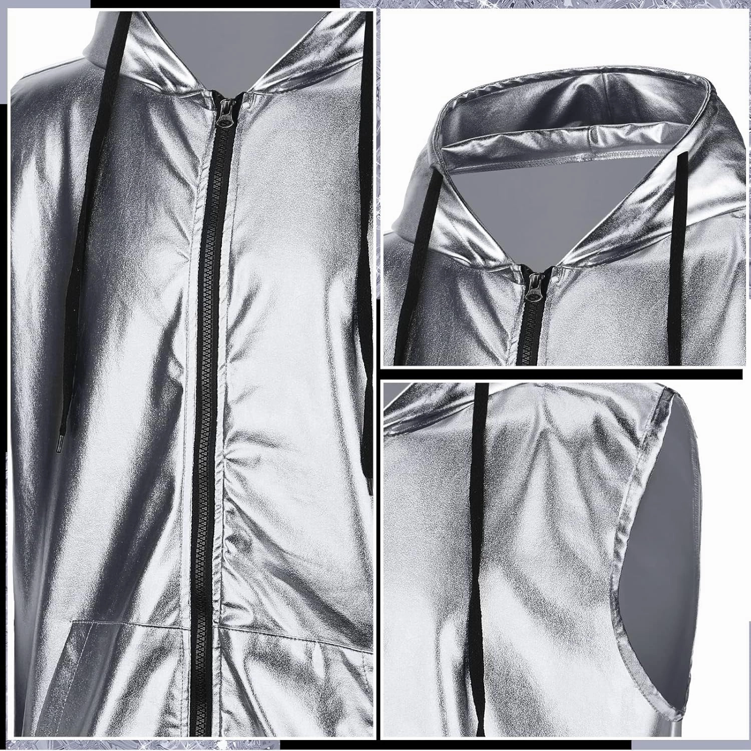 Sintege Men's Metallic Shirt 70s 80s Men Disco Outfit Metallic Hooded Tops Hoodie Shirts for Disco Party
