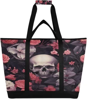 Skull Flowers Reusable Insulated Lunchbox Cooler Bag, Leakproof Kitchen Grocery Bag Collapsible Portable Cooler Tote Bag for Picnic, Camping, Office, Travel