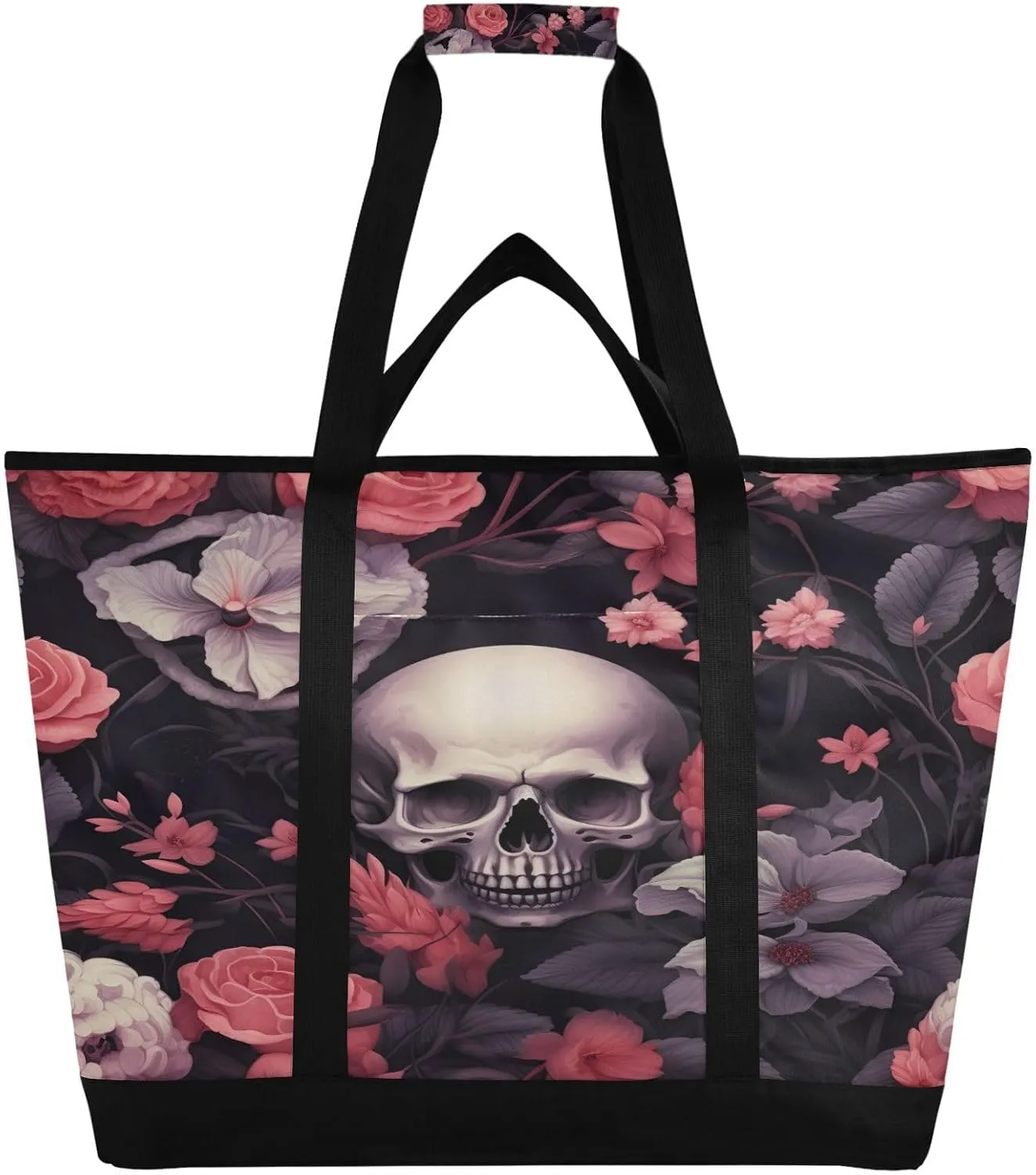Skull Flowers Reusable Insulated Lunchbox Cooler Bag, Leakproof Kitchen Grocery Bag Collapsible Portable Cooler Tote Bag for Picnic, Camping, Office, Travel