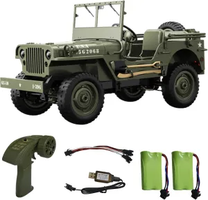 Skymaker 1/10 Willys MB Jeep RC Off Road Vehicle RTR Multifunctional Jeep Car 2.4GHz Military Truck 4x4 RC Crawler with Car Light Two Batteries