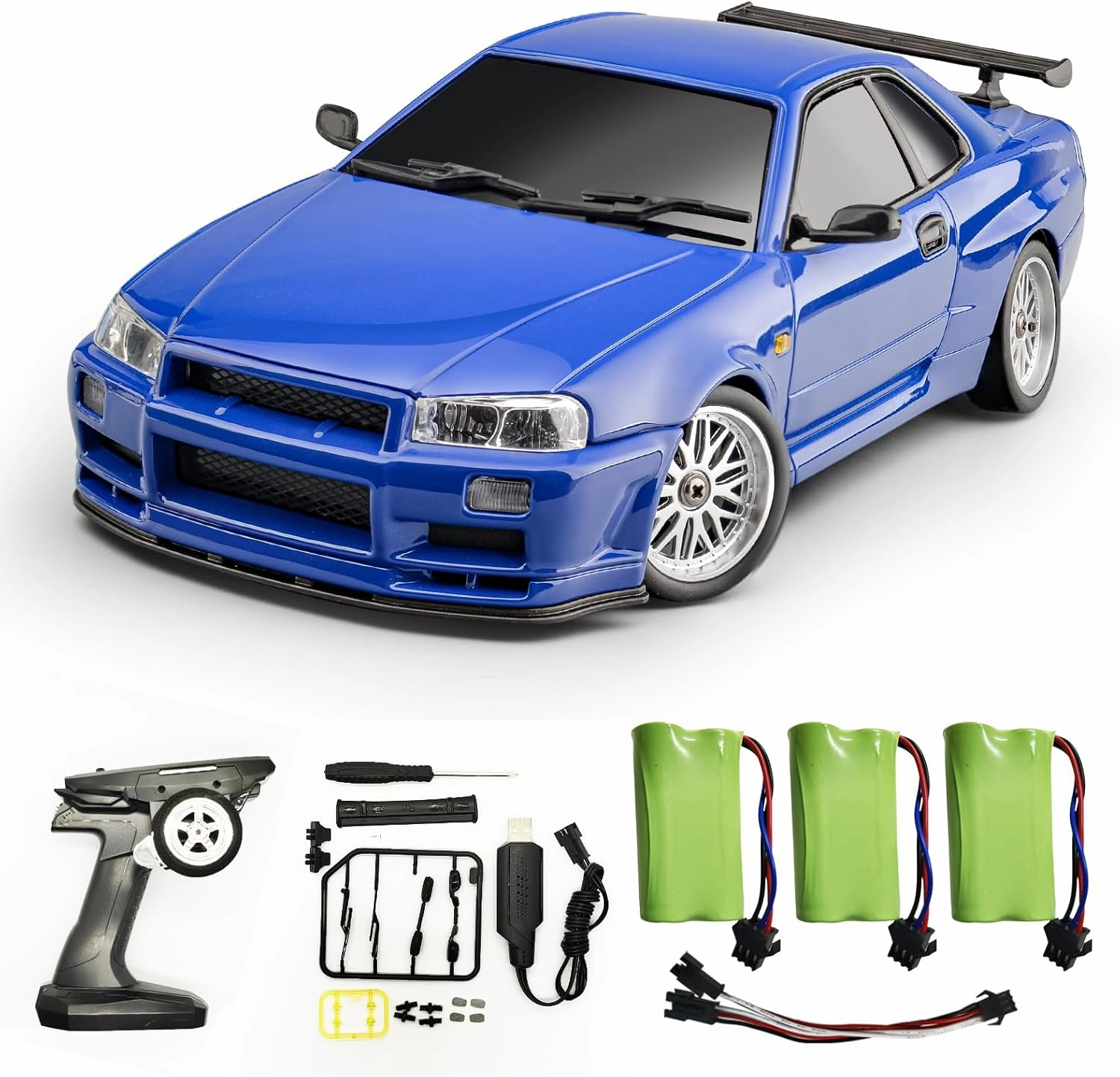 Skymaker RC Drift Car LDR/C LD1899 1/18 GTR R34 2.4GHz RWD Drifting with Gyroscope On-Road Alloy Car-Shell Racing Cars with 3 Batteries (Blue)