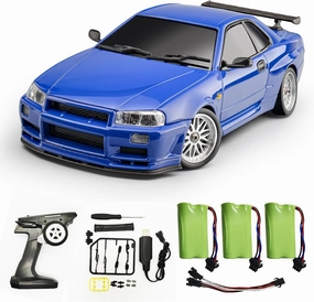 Skymaker RC Drift Car LDR/C LD1899 1/18 GTR R34 2.4GHz RWD Drifting with Gyroscope On-Road Alloy Car-Shell Racing Cars with 3 Batteries (Blue)
