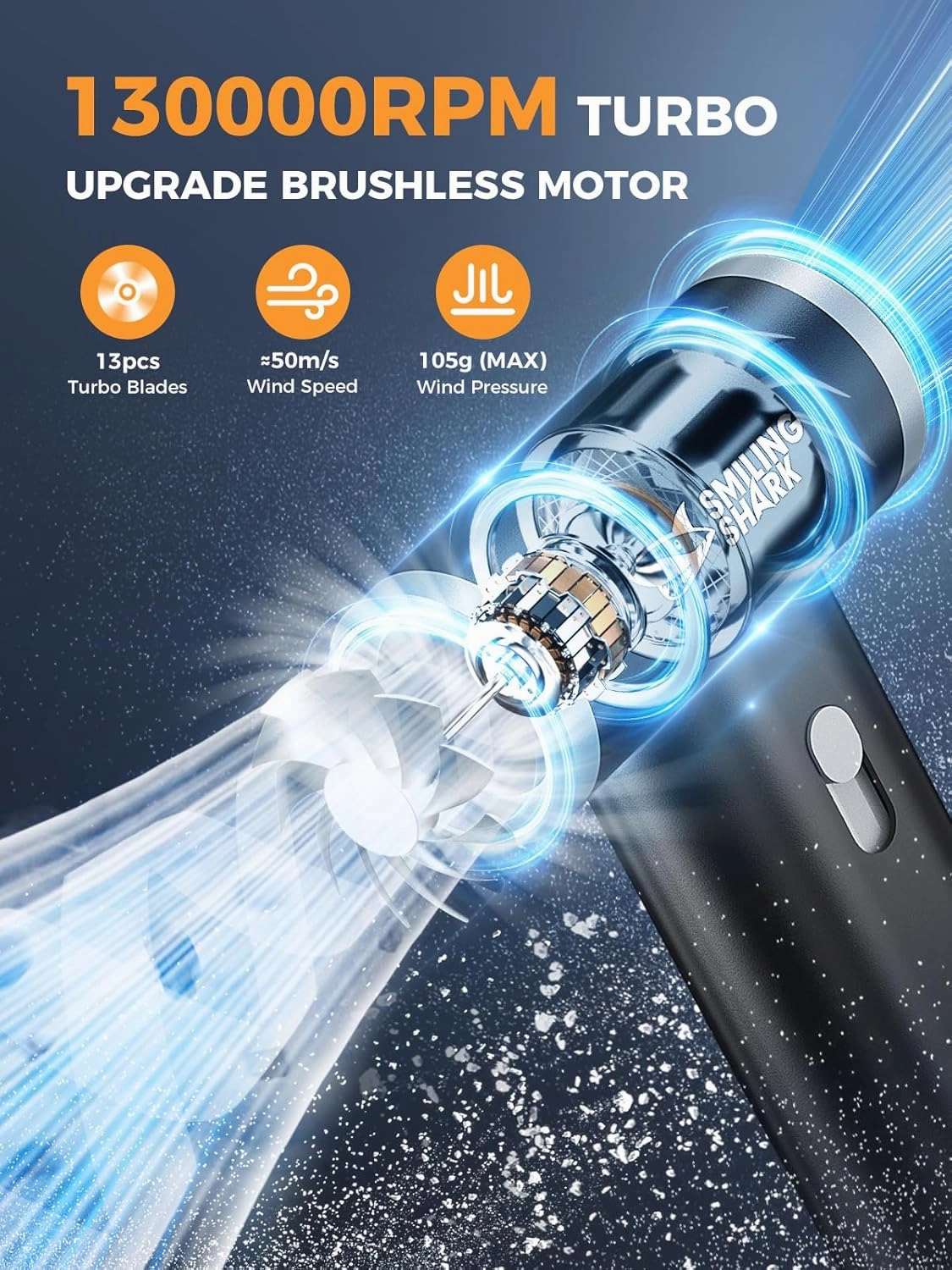 Smiling Shark Electric Air Duster, J01 Brushless Motor 130000RPM Stepless Speed Compressed Air Duster Rechargeable Full Body Aluminum Alloy Tiny Air Blower PC/Keyborad/BBQ/Car/Camping, Black