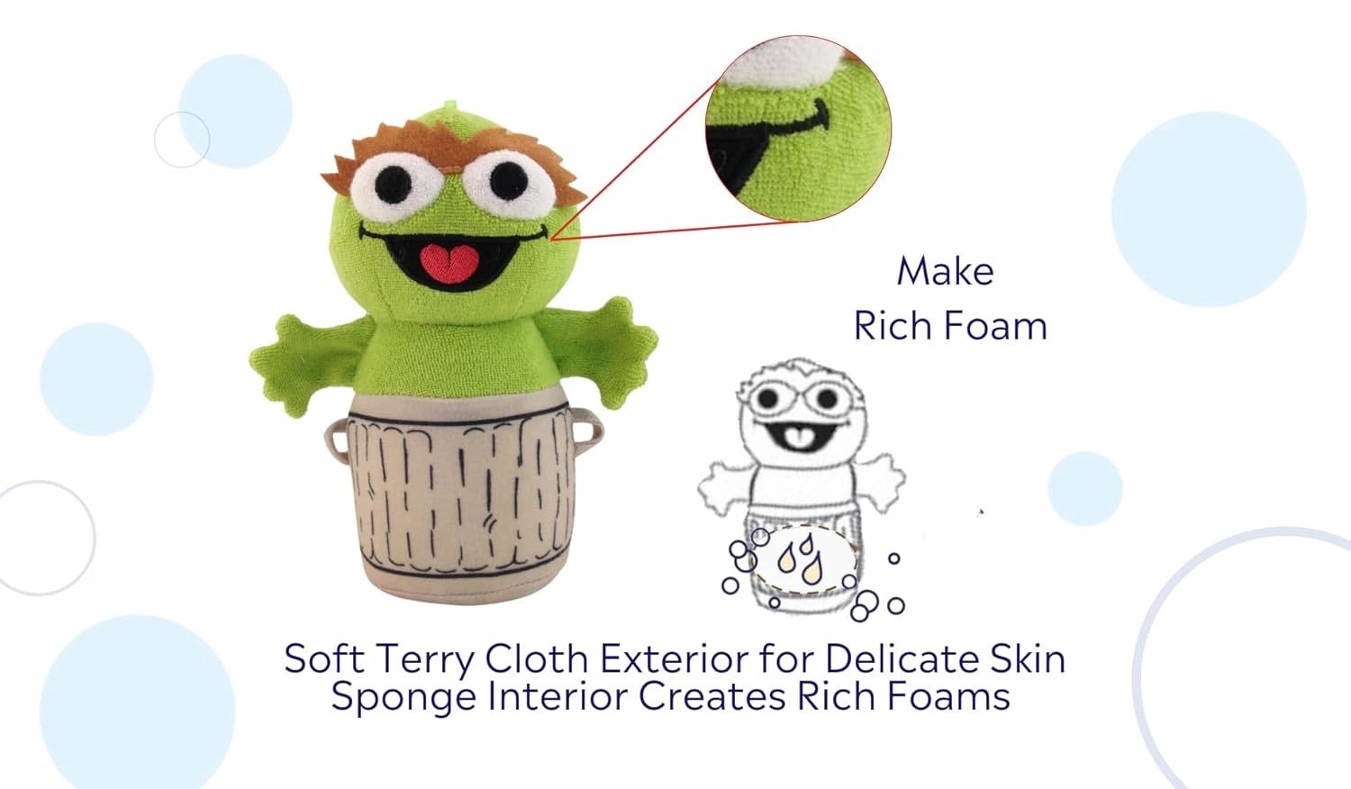 SoapSox Kids Exfoliating Bath Scrub (Oscar The Grouch Sesame Street) - Soft Animal Toy Wash Cloth Sponge with Soap Pocket Insert - Fun Loofah Characters for Babies, Kids and Children
