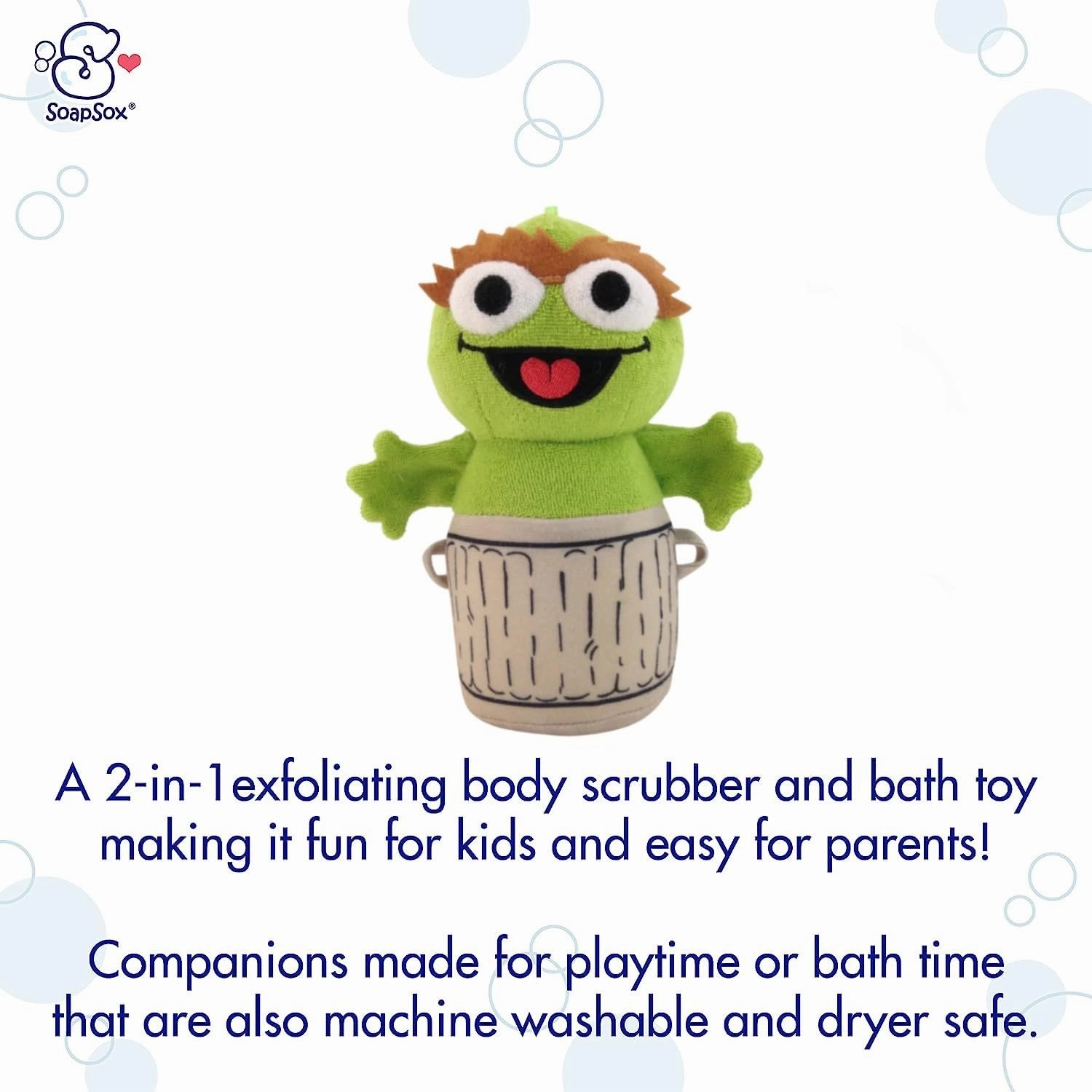 SoapSox Kids Exfoliating Bath Scrub (Oscar The Grouch Sesame Street) - Soft Animal Toy Wash Cloth Sponge with Soap Pocket Insert - Fun Loofah Characters for Babies, Kids and Children