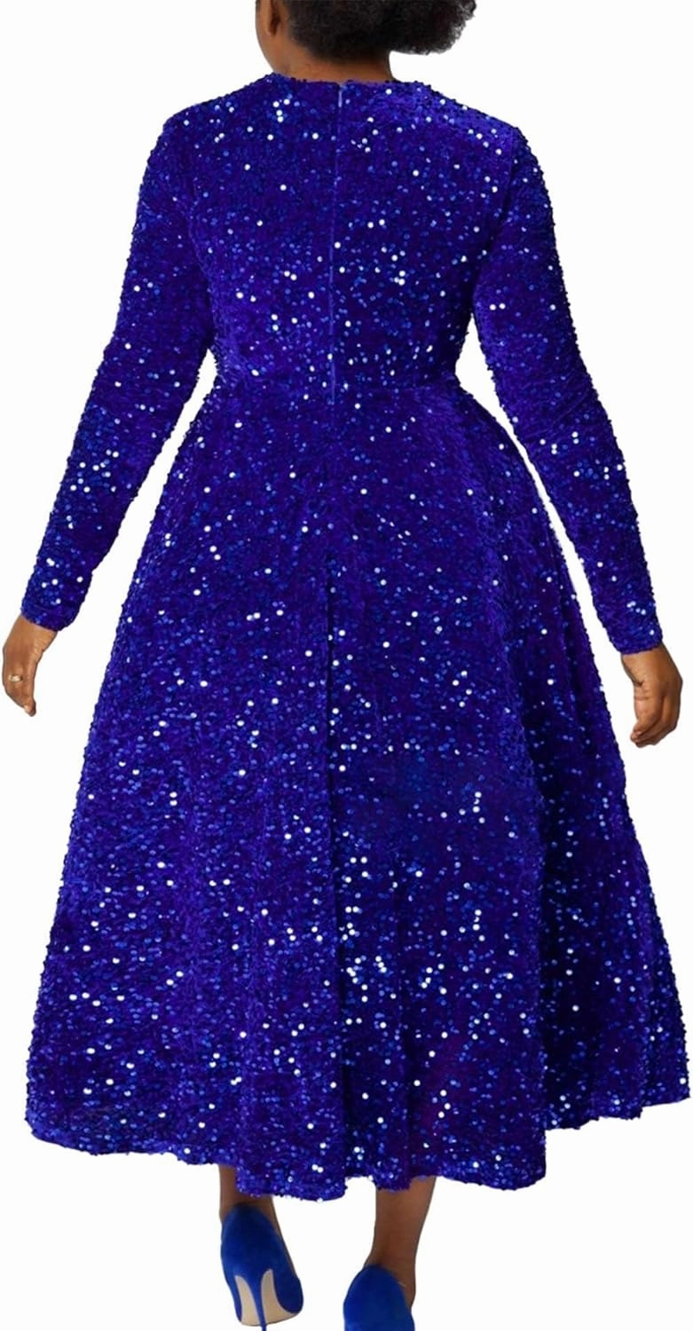 SOMTHRON Women's Sequin Dress Plus Size Long Sleeve A-Line Flared Party Cocktail Sparkle Glitter Evening Shiny Maxi Dress