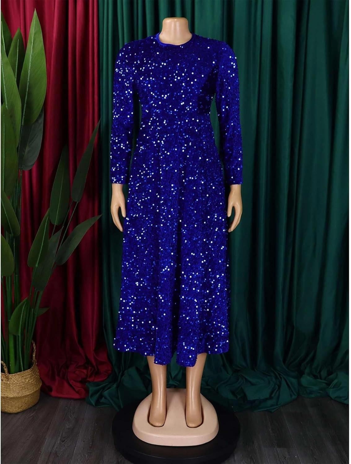 SOMTHRON Women's Sequin Dress Plus Size Long Sleeve A-Line Flared Party Cocktail Sparkle Glitter Evening Shiny Maxi Dress