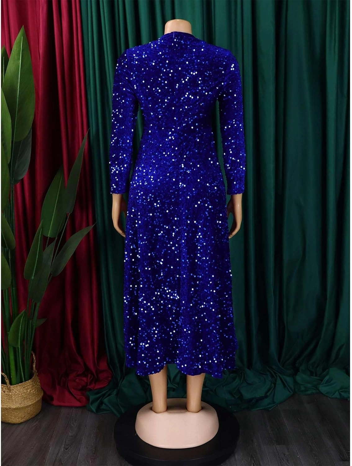 SOMTHRON Women's Sequin Dress Plus Size Long Sleeve A-Line Flared Party Cocktail Sparkle Glitter Evening Shiny Maxi Dress