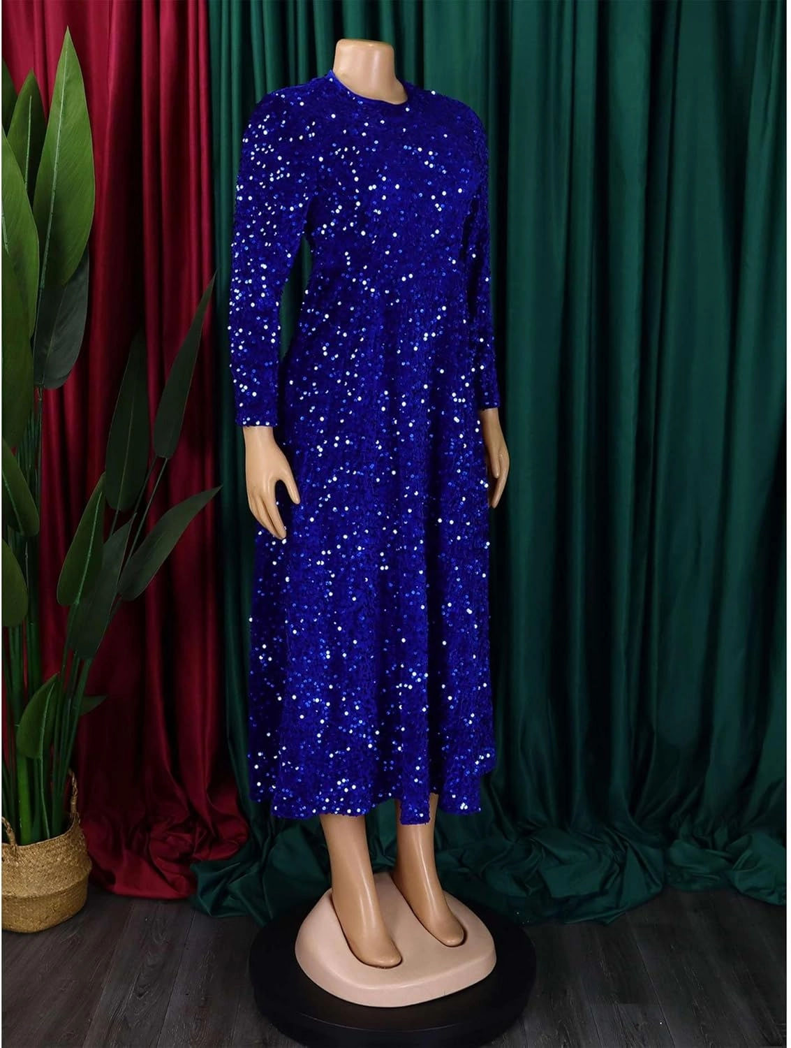 SOMTHRON Women's Sequin Dress Plus Size Long Sleeve A-Line Flared Party Cocktail Sparkle Glitter Evening Shiny Maxi Dress