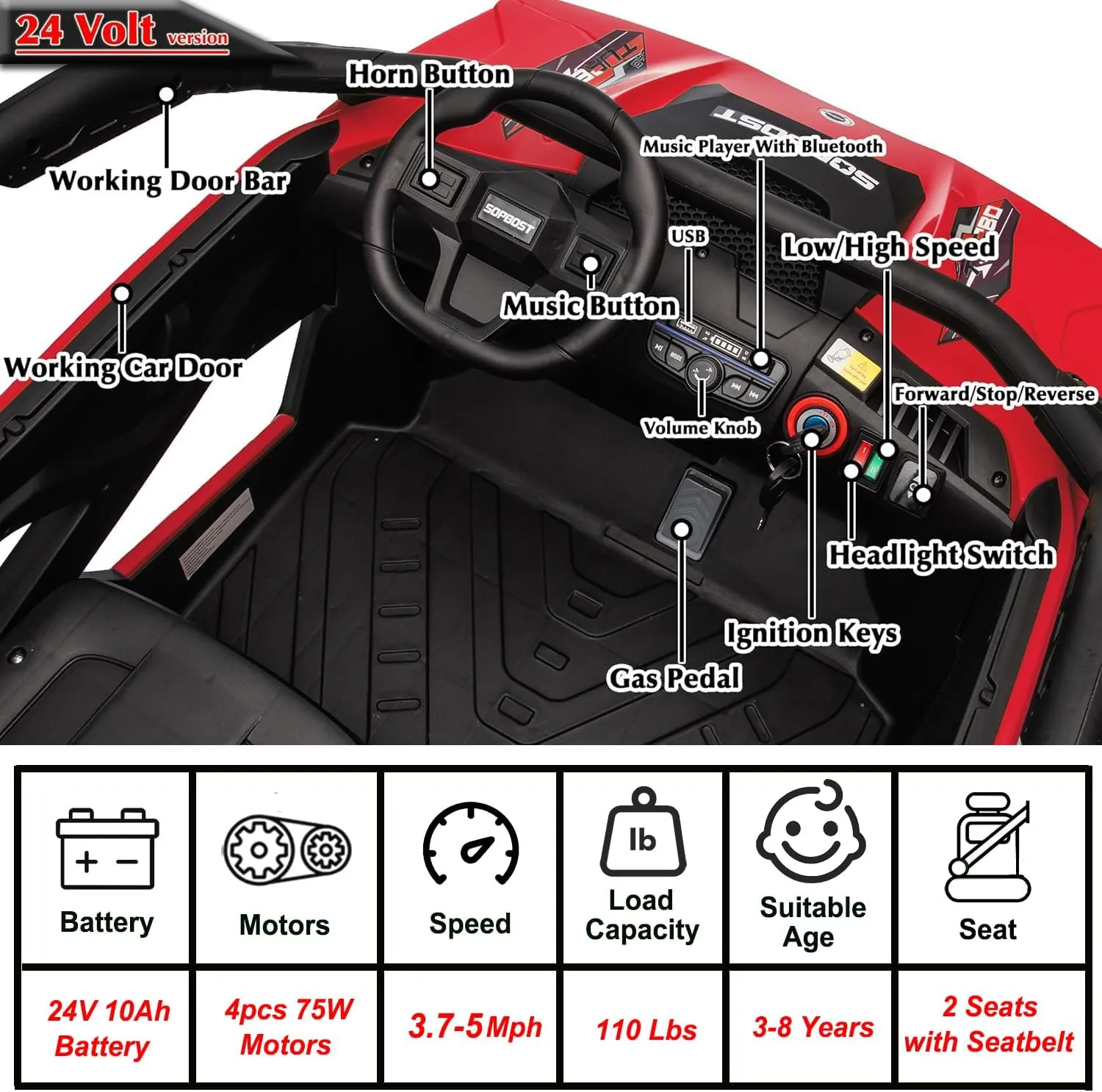 sopbost 10Ah 24V 2 Seater Ride On On Car with Remote Control for Kids Electric Vehicles Side by Side UTV, 21.85" Spacious Seat, 4x75W Motors, Bluetooth - Red & Black