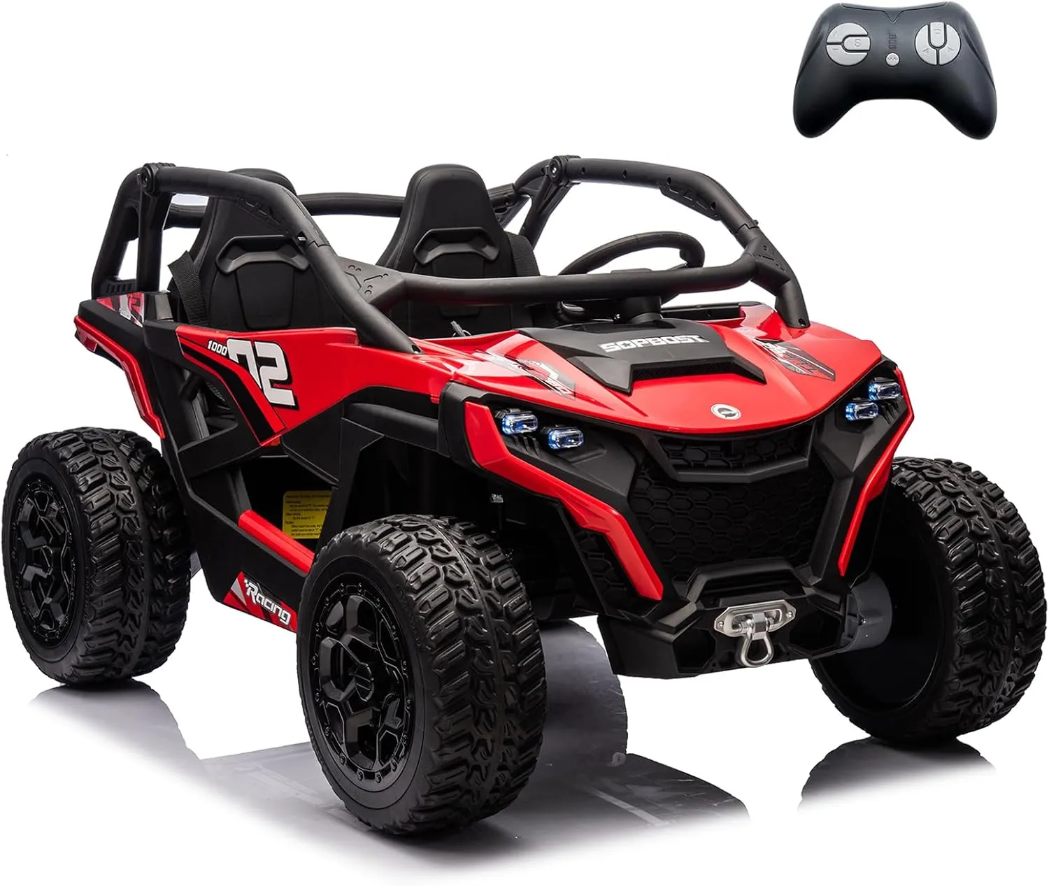 sopbost 10Ah 24V 2 Seater Ride On On Car with Remote Control for Kids Electric Vehicles Side by Side UTV, 21.85" Spacious Seat, 4x75W Motors, Bluetooth - Red & Black