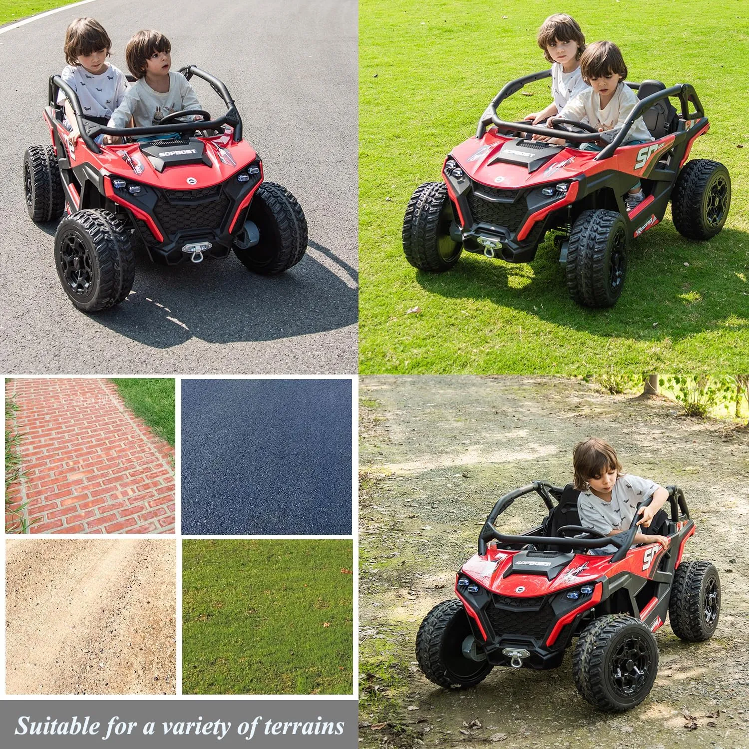 sopbost 10Ah 24V 2 Seater Ride On On Car with Remote Control for Kids Electric Vehicles Side by Side UTV, 21.85" Spacious Seat, 4x75W Motors, Bluetooth - Red & Black