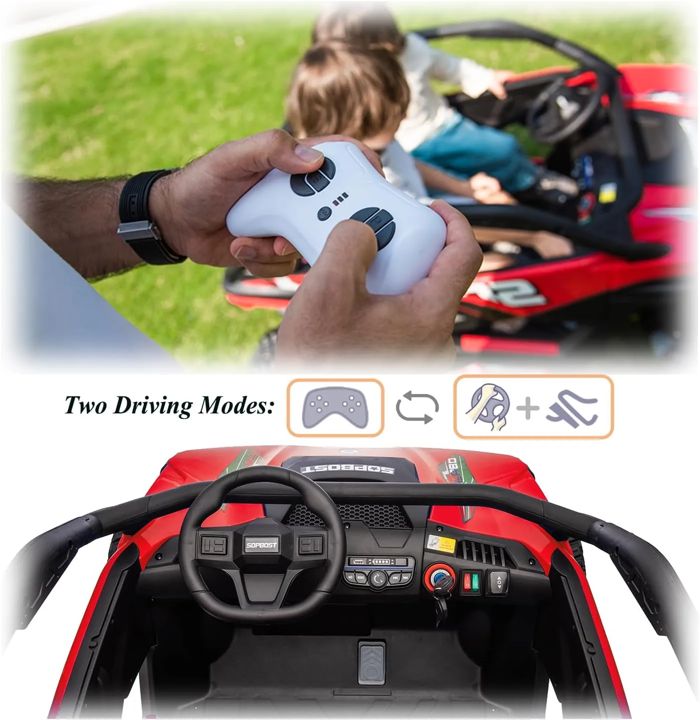 sopbost 10Ah 24V 2 Seater Ride On On Car with Remote Control for Kids Electric Vehicles Side by Side UTV, 21.85" Spacious Seat, 4x75W Motors, Bluetooth - Red & Black
