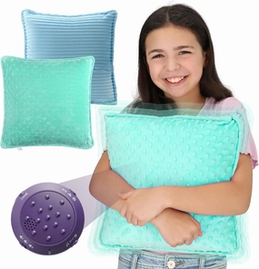 Special Supplies Vibrating Pillow Sensory Pressure Activated for Kids and Adults, 12” x 12” Plush Minky Soft Cover with Textured Therapy Stimulation Bumps, Blue and Green